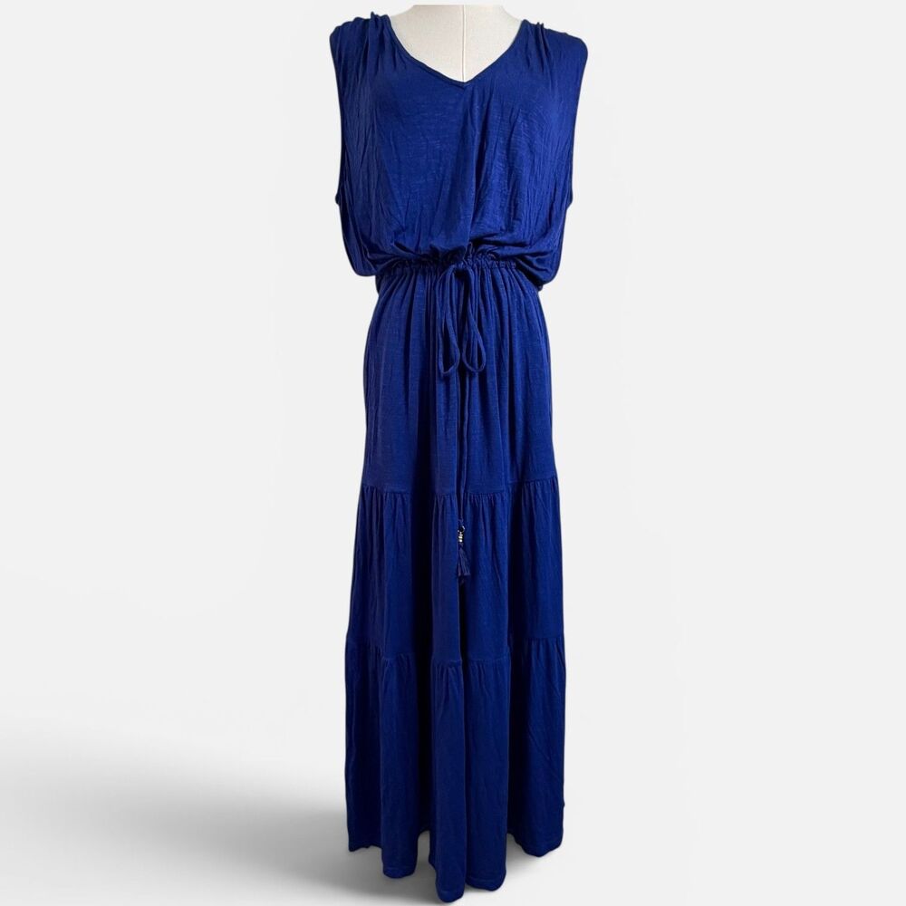 Tommy Bahama Sleeveless Tiered Maxi Dress Blue Drawstring Waist Women's Large